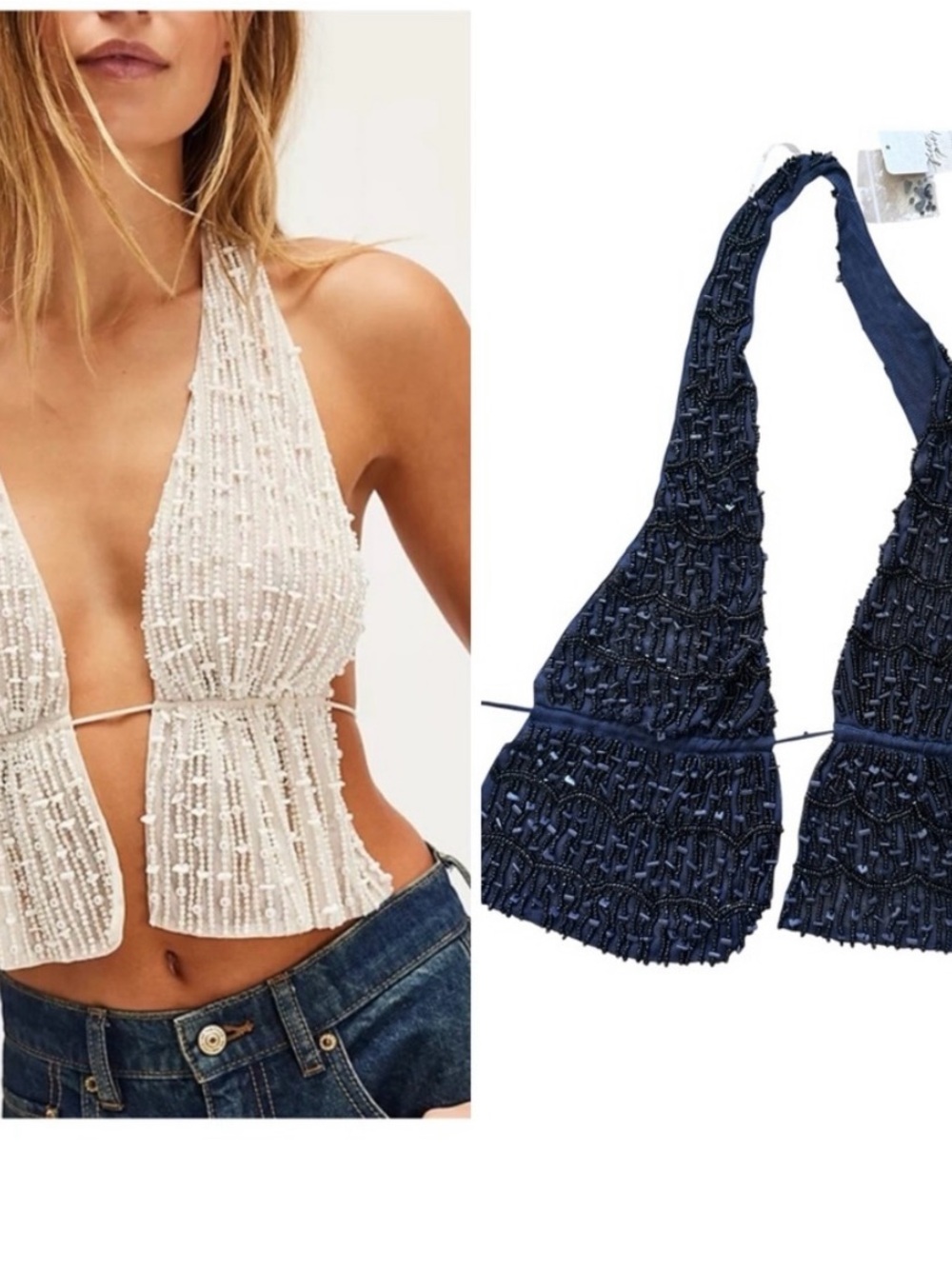 Beaded Halter Crop Top - White